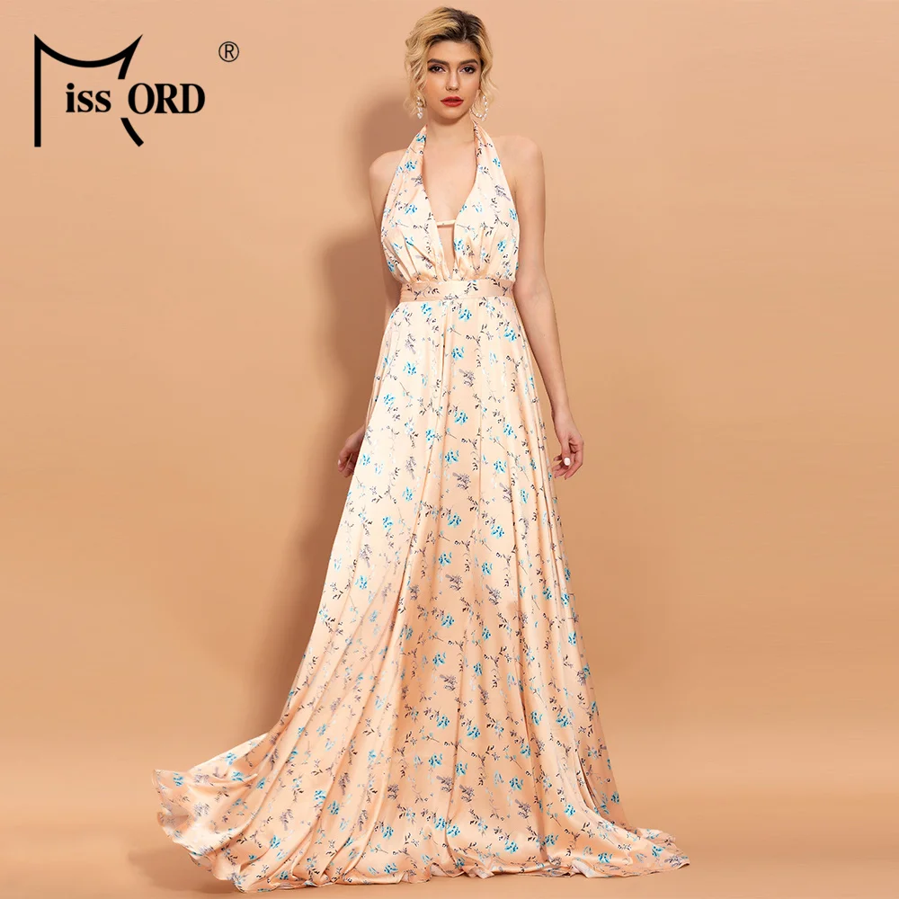 

Missord 2020 Spring Summer Halter Floral Print Backless Female Dresses High Waist Off the Shoulder Women Dresses FT20257