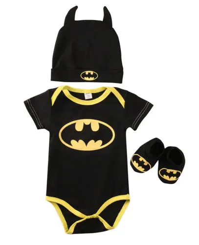 Batman Rompers Bodysuit Shoes Hat Costumes 3Pcs Jumpsuits Halloween Newborn Baby Boy Girl Clothes Summer Autumn Outfits Sets