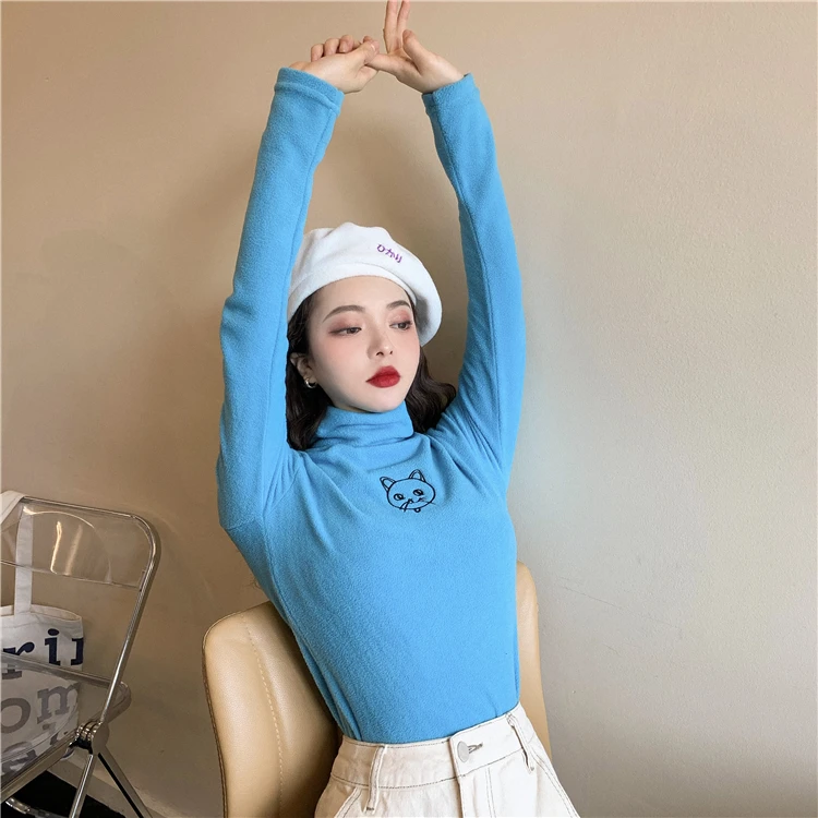 Флисовые футболки с вышитым котом, осенняя Водолазка с длинным рукавом, Harajuku Kawaii, женские теплые облегающие топы, уличная одежда W299