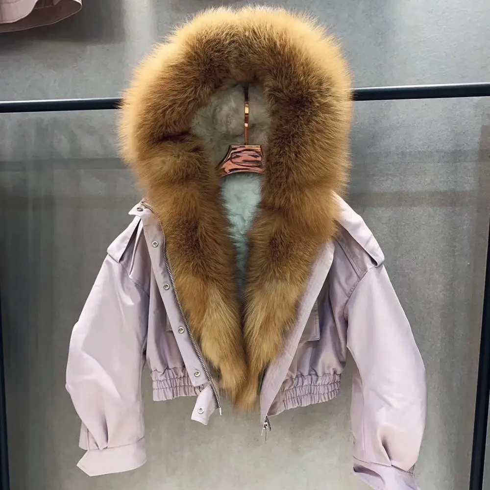 Pink-Red Fox Новинка, Женская парка с натуральным мехом, Воротник из натурального Лисьего меха, зимнее толстое теплое пальто с натуральным мехом, куртка-бомбер с капюшоном с подкладкой из меха ягненка, S7652 - Цвет: Pink-Red Fox