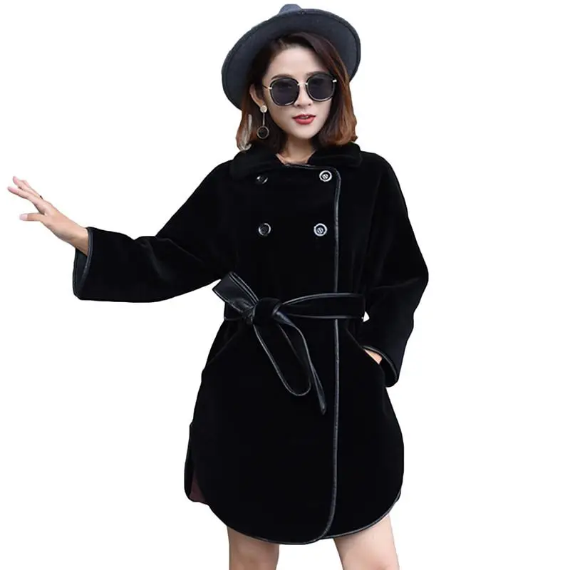Women New Autumn Winter Real Natural Sheep Shearling Overcoat Sheepskin Jacket Female Double Sided Outwear With Sashes N124