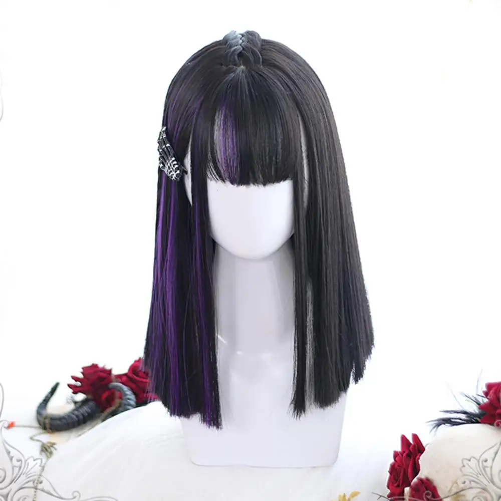 

Cosplaymix Lady Lolita 40CM Half Ombre Black Mixed Purple Bangs Bob Medium Straight Halloween Synthetic Party Cosplay Wig+Cap