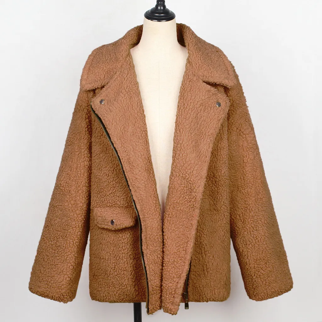 Элегантное женское пальто из искусственного меха, зимняя теплая мягкая меховая куртка на молнии, женское плюшевое пальто с отложным воротником, Повседневная плюшевая верхняя одежда