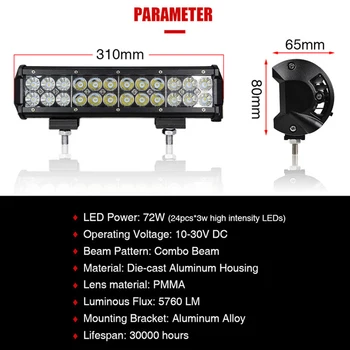 

12-80V 72w LED Work Light Bar LED Light Bar For Working Off-Road Combo Beam Design Driving Offroad Boat Car Tractor Truck