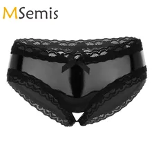 Women's Swimming Truck Lingerie Panties Wet Look Patent Leather Latex Underwear Open Crotch V-Back Mini Briefs Crothless Panties