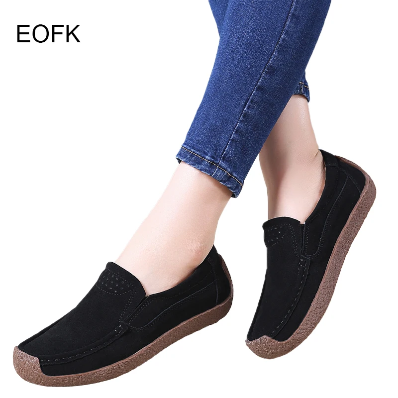 EOFK Spring Autumn Women Moccasins Suede Leather Flats Square Toe Comfortable Slip-on Shoes Fall Casual Apricot Loafers Lady