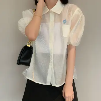 

Flower adornment is dream DT EDITION manual perspective short-sleeved shirt female 2020 new hubble-bubble sleeve blouse