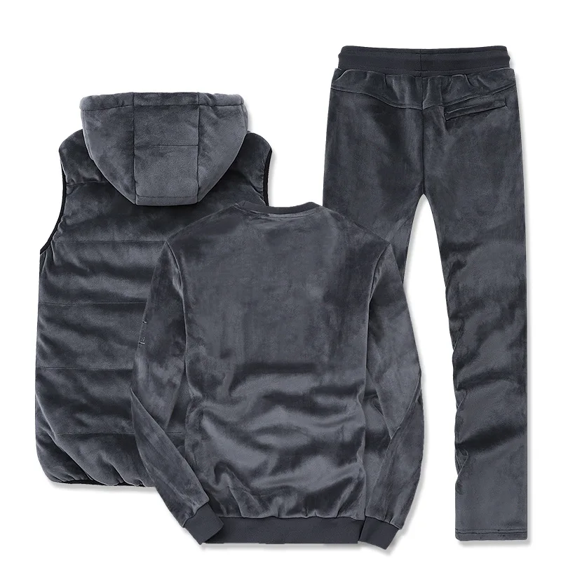 AmberHeard Winter Warm Men Sport Suit Hooded Vest+Pants+Sweatshirt Gold Velvet Sportswear 3 Piece Set For Men Tracksuit Clothing