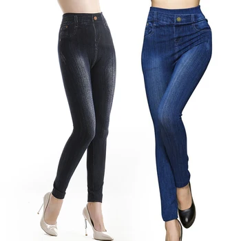 

European American Basic Seamless Imitation Denim Leggings Solid Color Sexy Leggings Women Pocket Slim Leggings Ladies