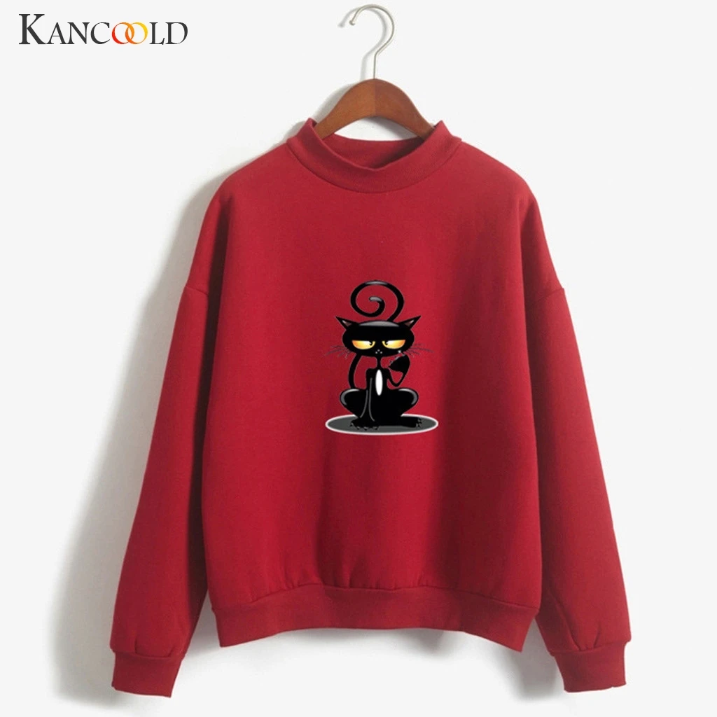 KANCOOLD/Женская толстовка с круглым вырезом, однотонная толстовка с рисунком кота, длинный рукав, бархатная толстовка с рисунком, для женщин 2019AUG16
