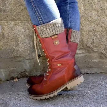 

Women 2020 Mid-calf Boots Gladiator Chunky Low Heels Winter Snow Warm Shoes Booties Vintage PU Leather Lace Up Shoe Botas Mujer