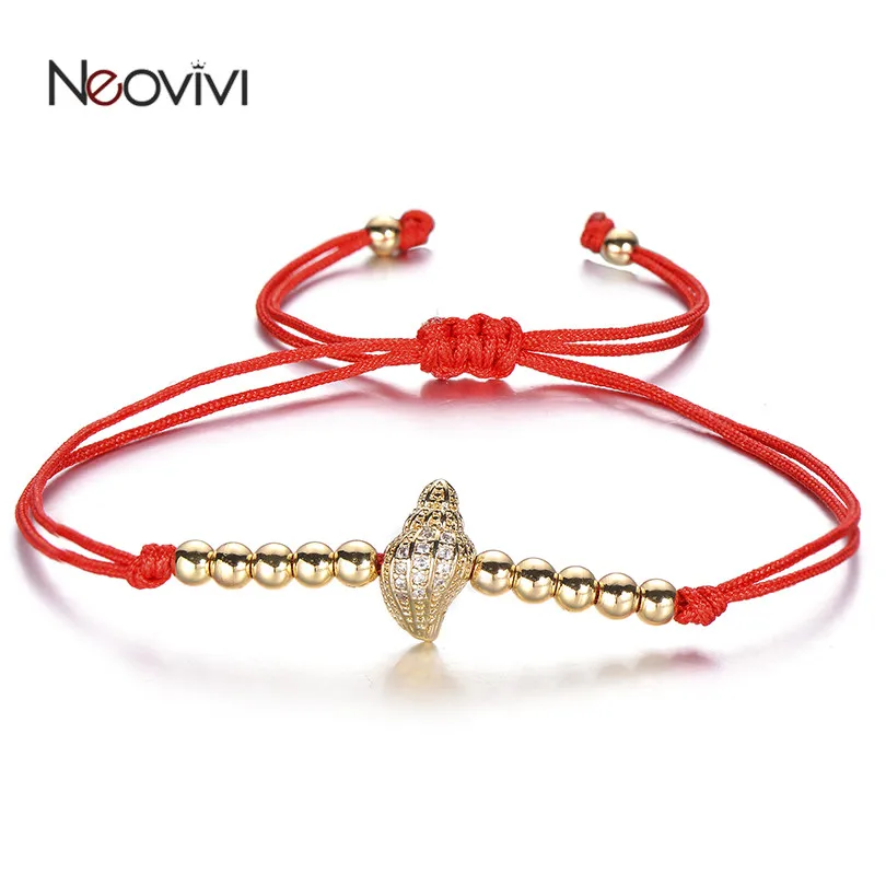 

Neovivi Clear CZ Conch Bracelet Red Black Rope String Bracelets Women Handmade Zircon Charm Metal Beads Jewelry Holiday Sea Gift