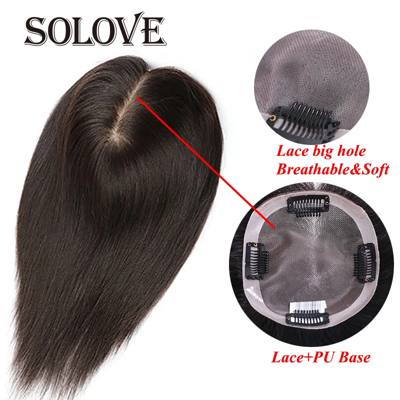 Peluca de cabello humano Remy tupé con doble nudo para mujer, mechones rectos de 10-20 pulgadas, con pelo de PU, Color Natural