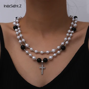 

IngeSight.Z Multilayer Stainless Steel Rhinestone Cross Pendant Necklaces Imitation Pearl Acrylic Bead Choker Necklaces Jewelry