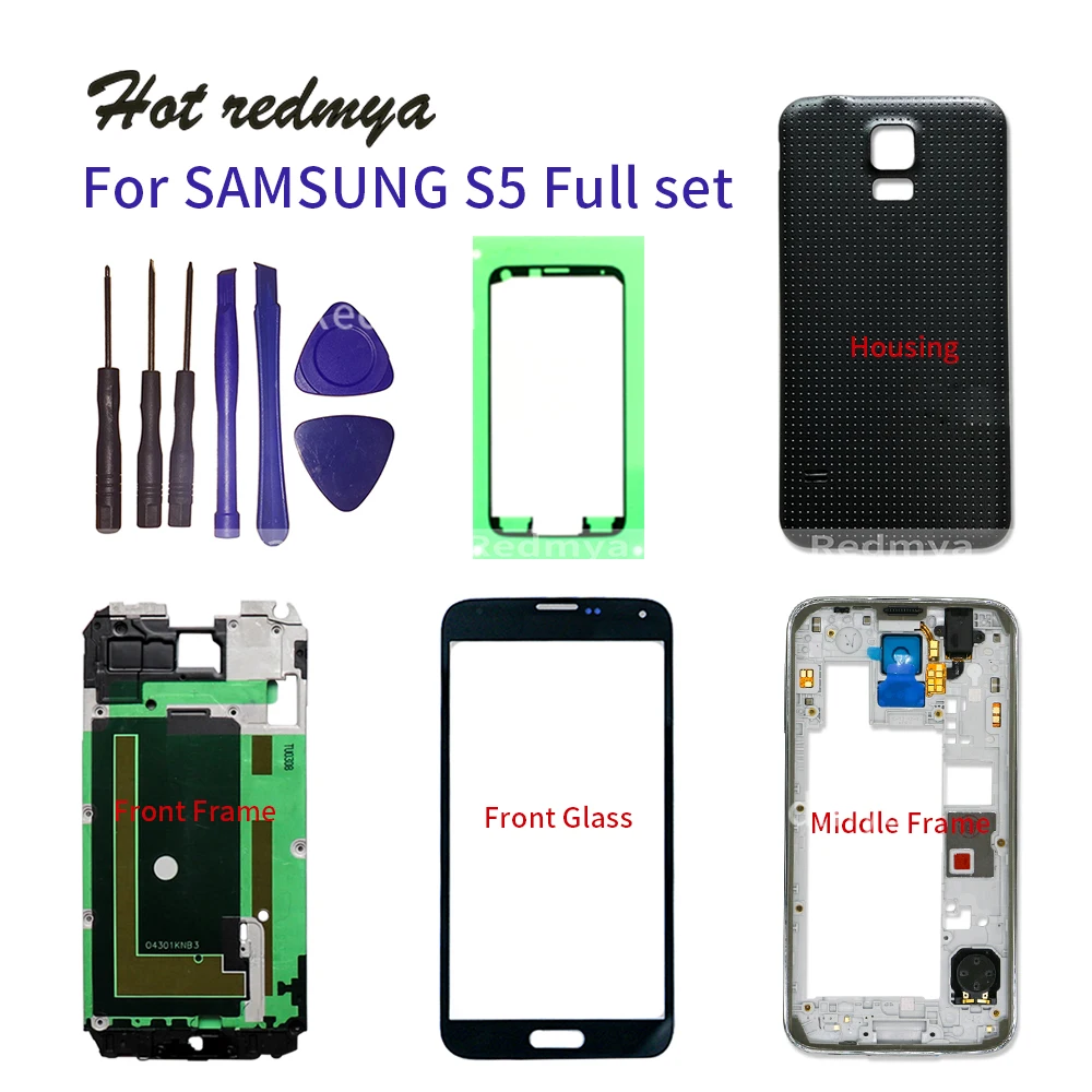 

S5 Full Housing Case For Samsung Galaxy S5 G900 Middle Frame + Rubber Seal Back Case + Glass Lens Auto Parts + Tools