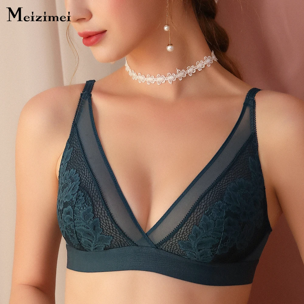 Meizimei Ulta Thin Sexy Triangle Lace Bras for Women Push Up Bralette Plus Size ABC Cup 34 36 38 Brassiere Girl Top BH Minimizer
