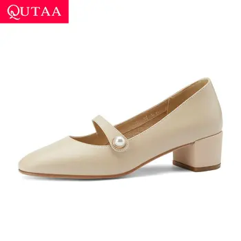 

QUTAA 2021 Square Middle Heel Shallow Elegant Women Single Shoes Bead Cow Leather Round Toe All Match Ladies Pumps Size 34-40