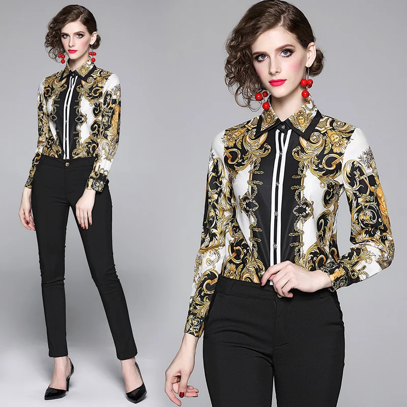 

Luxury Gothic Style Baroque Print Shirt Long Sleeve Women Runway Blouse Plus Size Ladies Office Tops For Spring Autumn Winter