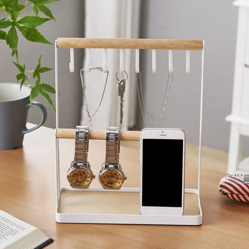 

Portable Jewelry Display Tray Stand with Wooden Ring Storage Hooks Necklace Bracelet Ring Watch Jewellery Holder Gifts