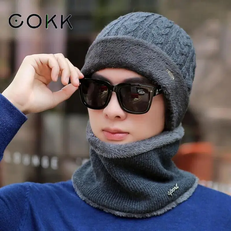 COKK зимние шапочки шарф мужские вязанные шапки кепки маска Warm капот Теплые Мешковатые зимние шапки для мужчин женщин Skullies шапочки шапки