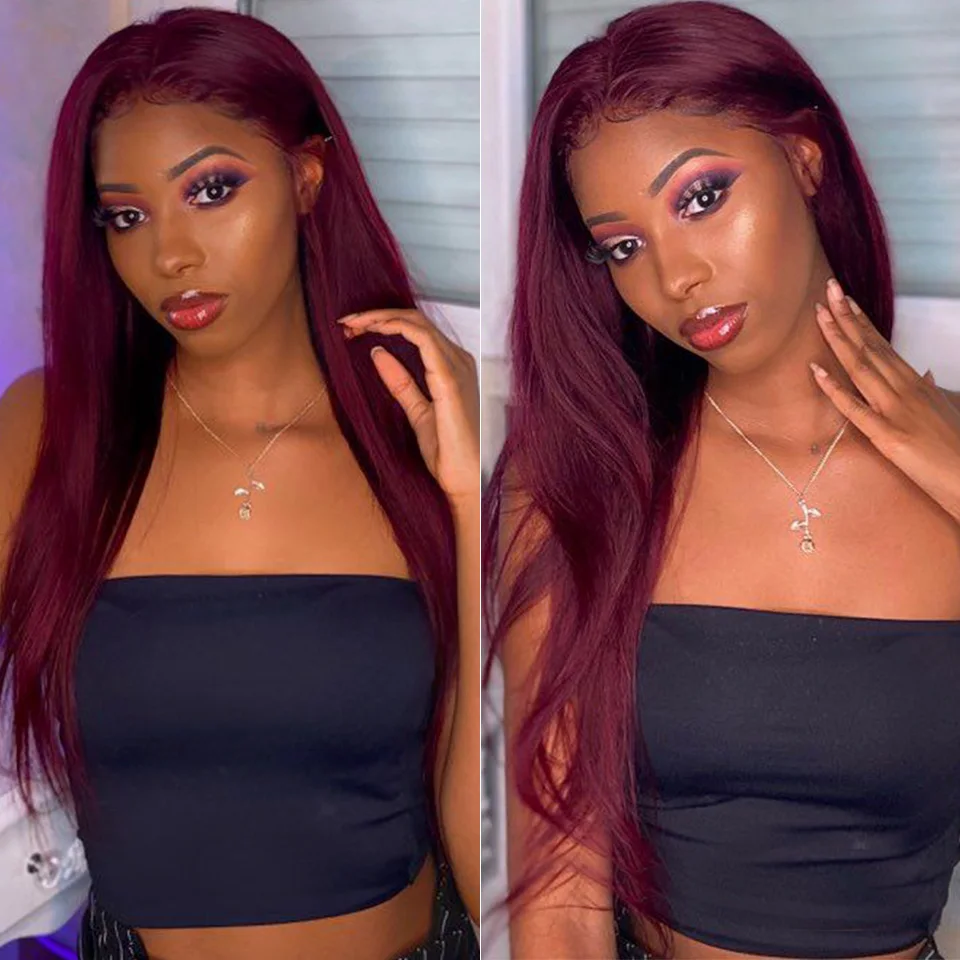Burgundy 13x4 HD Transparent Lace Front Human Hair Wigs 99J Straight Lace Frontal Wig For Women Pre Plucked Non-Remy Jazz Star