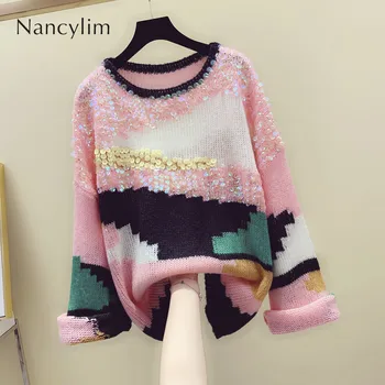 

Sequined Pullover Sweater Women 2019 Early Autumn New Korean Loose Long Sleeve Lazy Wind Sweater Female Streetwear Jumpers