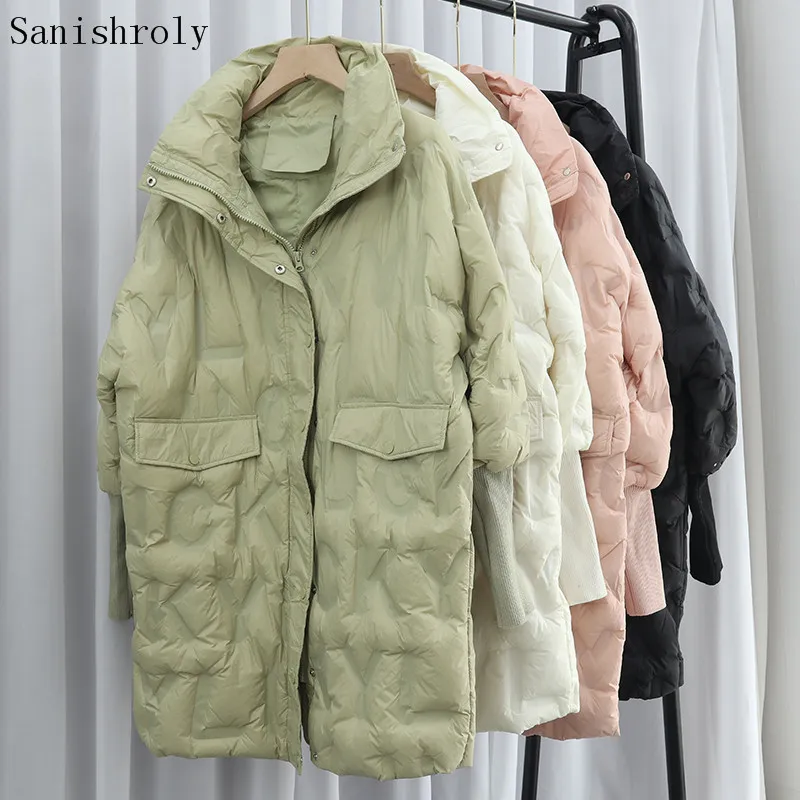 

Sanishroly Women Winter Long Coat Warm light White Duck Down Jacket Parka Female Casual Oversize Thin Letter Outwears Tops S1084