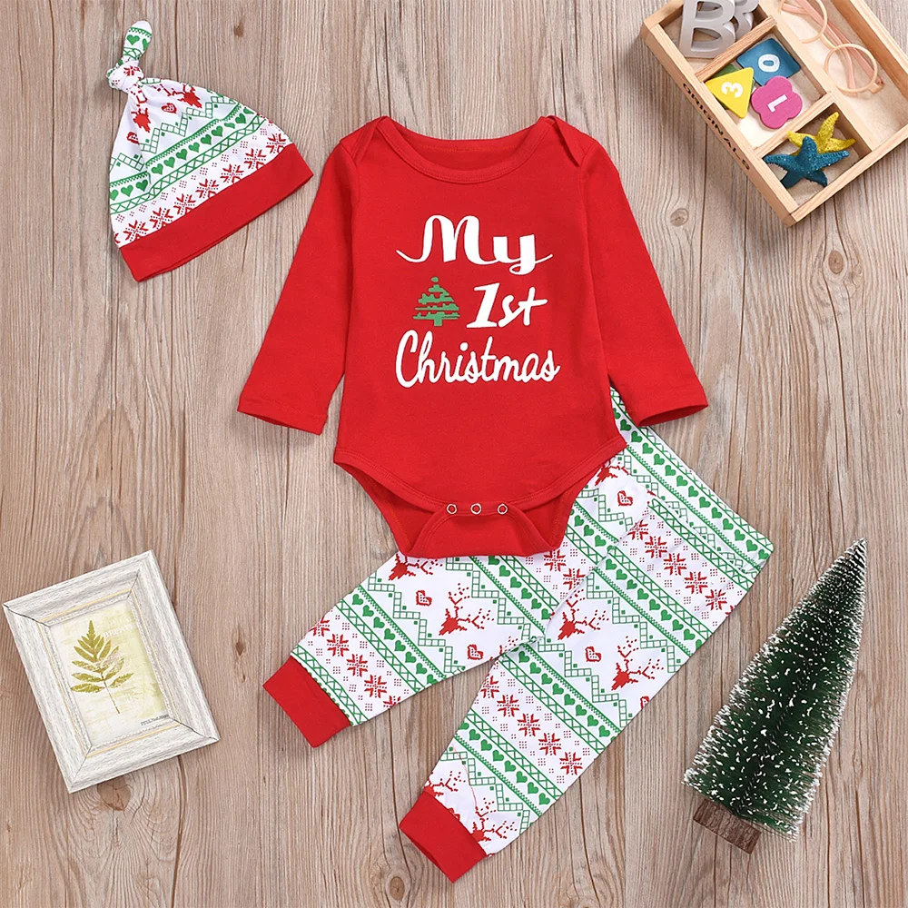Г. Новинка, милый детский Ромпер брюки с надписью «My First Christmas» для маленьких мальчиков и девочек шляпа, наряды Рождественский комплект, осенняя одежда, комплект из 3 предметов