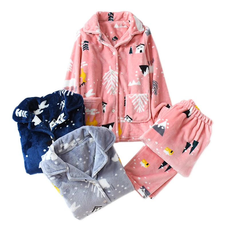 

Korea cartoon Sweet flannel Thicken couple pajamas sets women winter keep warm long sleeve sleepwear men and women pyjamas