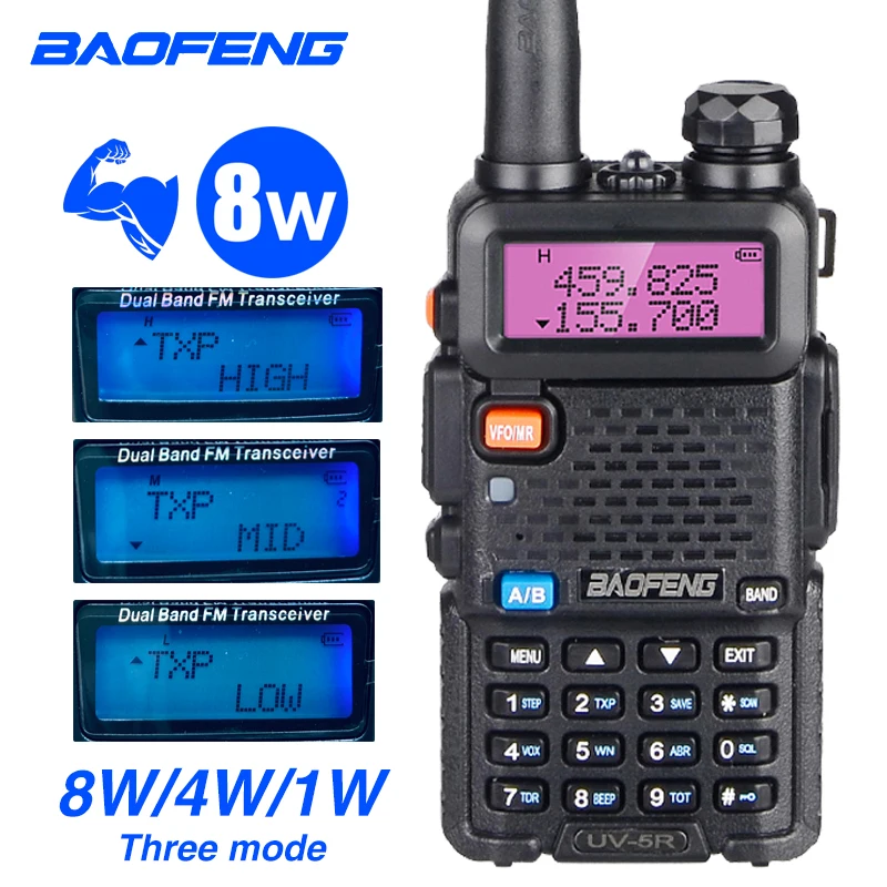 Рация Baofeng Двухдиапазонная портативная 10 км 8 Вт 1800 каналов VHF/UHF UV 5R|Рации| |