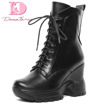 

Doratasia Women's 2020 big size 42 comfortable fashion Genuine leather wedges high heels Boots Woman Shoes ankle Boots female