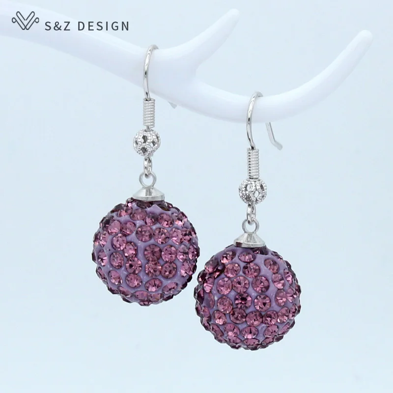 S&Z DESIGN New Fashion Cute Round Crystal Ball 585 Rose Gold Color Dangle Earrings For Women Girl Party Jewelry Gift