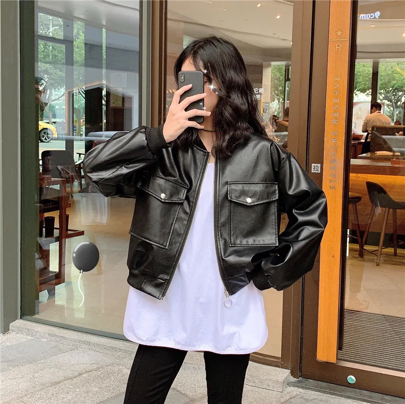 

Photo Shoot 2019 New Style Fashion PU Leather Coat Locomotive Handsome BF Style Cropped Jacket