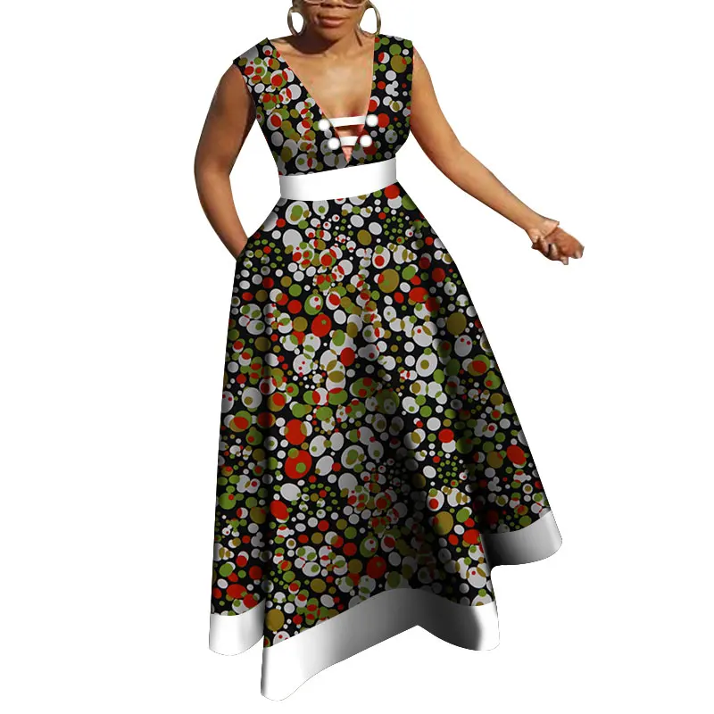 Bazin Riche, африканские платья для женщин, Дашики, пэчворк, воск, принт, вечерние, длинные, v-образный вырез, платья для женщин, африканская одежда WY4176