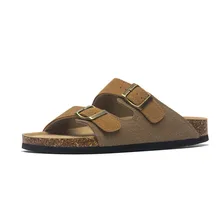 2021 New Summer Men's Cork Slippers Suede Leather Mule Clogs Slippers Man Soft Cork Two Buckle Beach Slides Footwear For Men 45