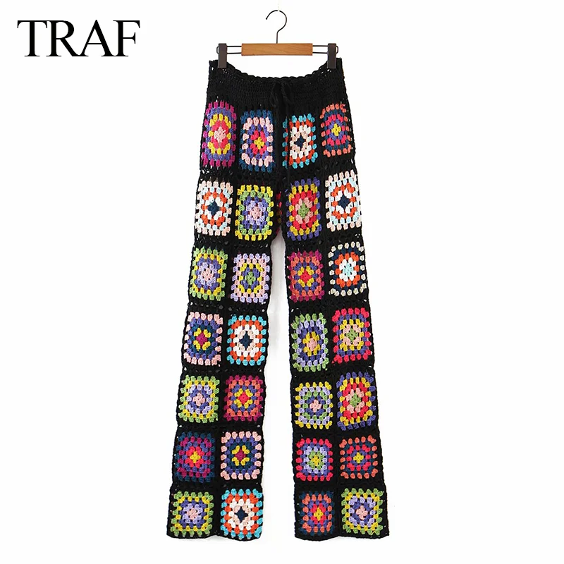 TRAF pantalones de ganchillo para mujer, ropa hecha a mano, Sexy, ahuecada, negra, con para las 4 estaciones|Pantalones y capri| - AliExpress