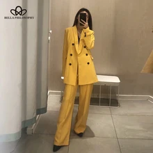 Bella philosophy женский Шикарный Желтый Блейзер двубортный с длинным рукавом офисная одежда пальто однотонная женская Повседневная Верхняя одежда Топы