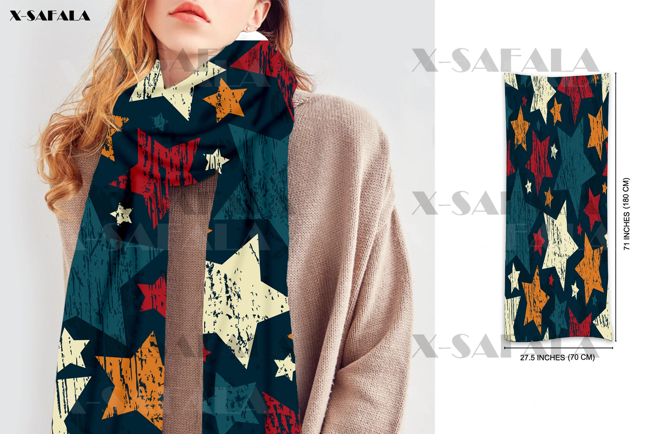 Grunge Star Print Long Shawl Scarves 100% Pure Scarf Ultra Soft Cashmere Double-sided Velvet Gift For Girl Women Hoodie Dress mens blanket scarf