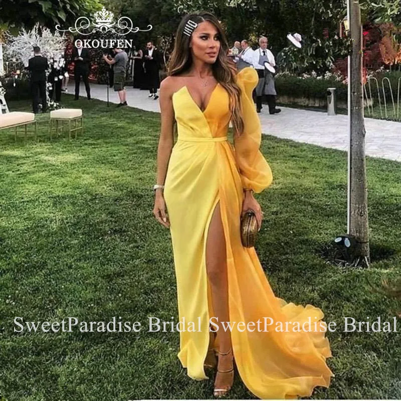 

New Arrival One Long Sleeves Evening Dress For Women Sexy Side Split Runway Prom Dresses Robe De Soiree