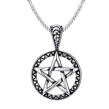 

45.4Mm Stainless Steel Pentagram Pendant Jewelry Necklace Men Silver Charms 50X35Mm Vintage Pentagram Talisman 23.6In