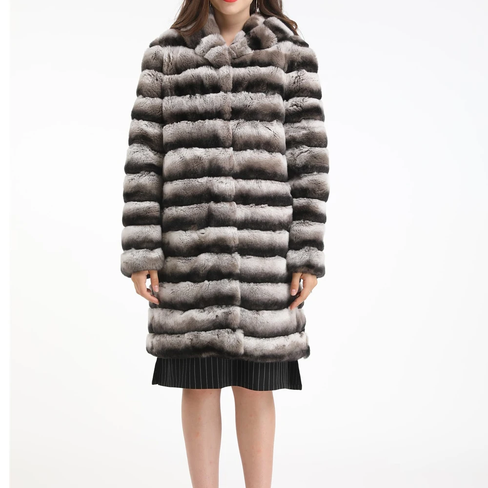 

womens genuine rex rabbit fur long coat with hood stripe winter warm thick furry with long sleeve 2019 fashion
