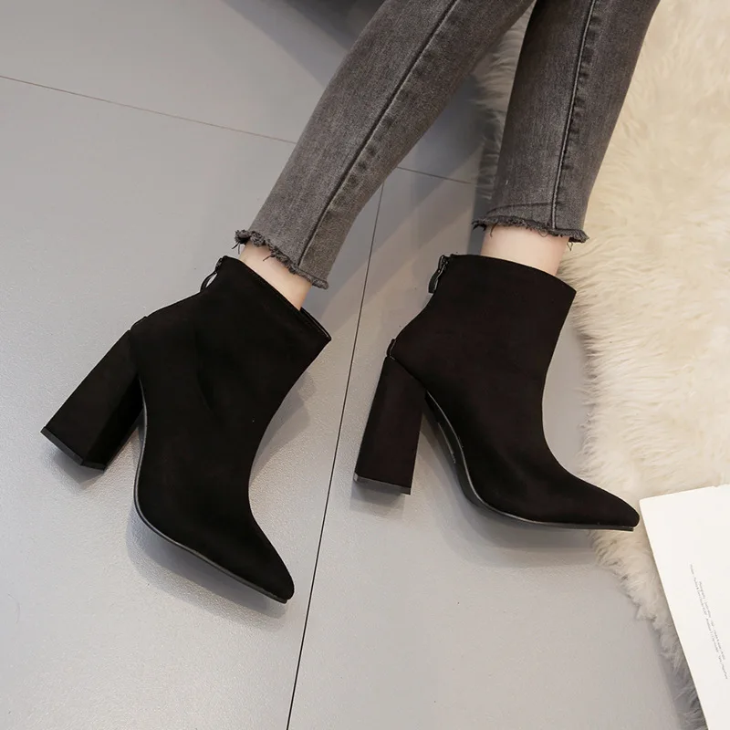 

High Heel Boots Leather Booties Bootee Woman 2019 Women's Shoes Autumn Zipper Heels Ankle Chunky Rock Ladies Pointy Rubber