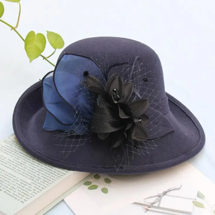 Зимние элегантные складные шерстяные фетровые Chruch Hat для женщин цветочные ведро Свадебные шляпы флоппи Твердые крышки Защита от солнца - Цвет: navy