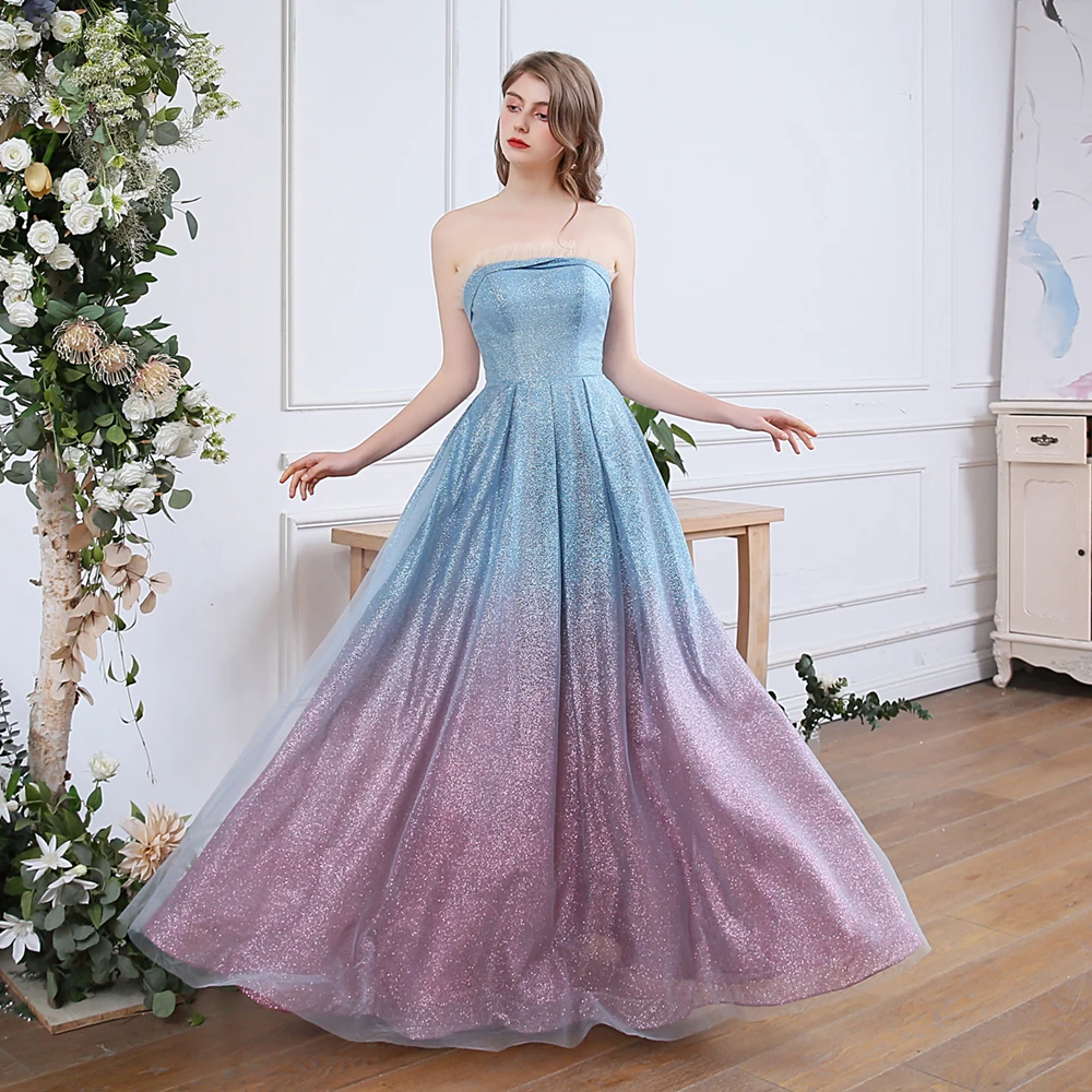 SSYFashion, новое вечернее платье для банкета, сверкающее, без бретелек, с блестками, градиентное, голубое, фиолетовое, мечта, Длинные вечерние платья, Vestido De Noche