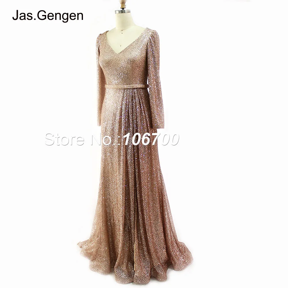 Арабское мусульманское вечернее платье с длинным рукавом, vestidos de fiesta, Русалка, блестящее платье с v-образным вырезом, с разрезом спереди, с поясом, вечерние платья для выпускного вечера