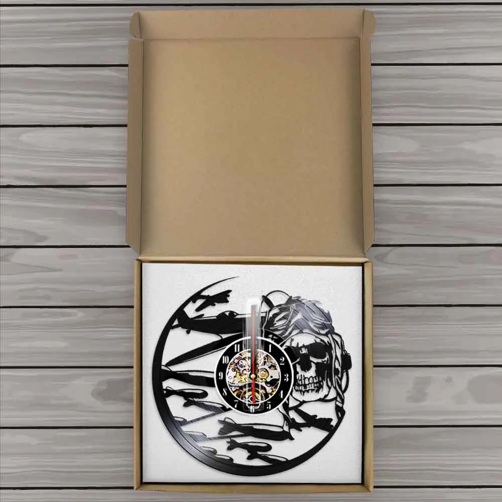 Retro Pilot Skull Wall Clock Aviator Skeleton Vinyl Record Wall Clock Airplane Flying Jet Helmet Hipster Goggles Skull Wall Deco