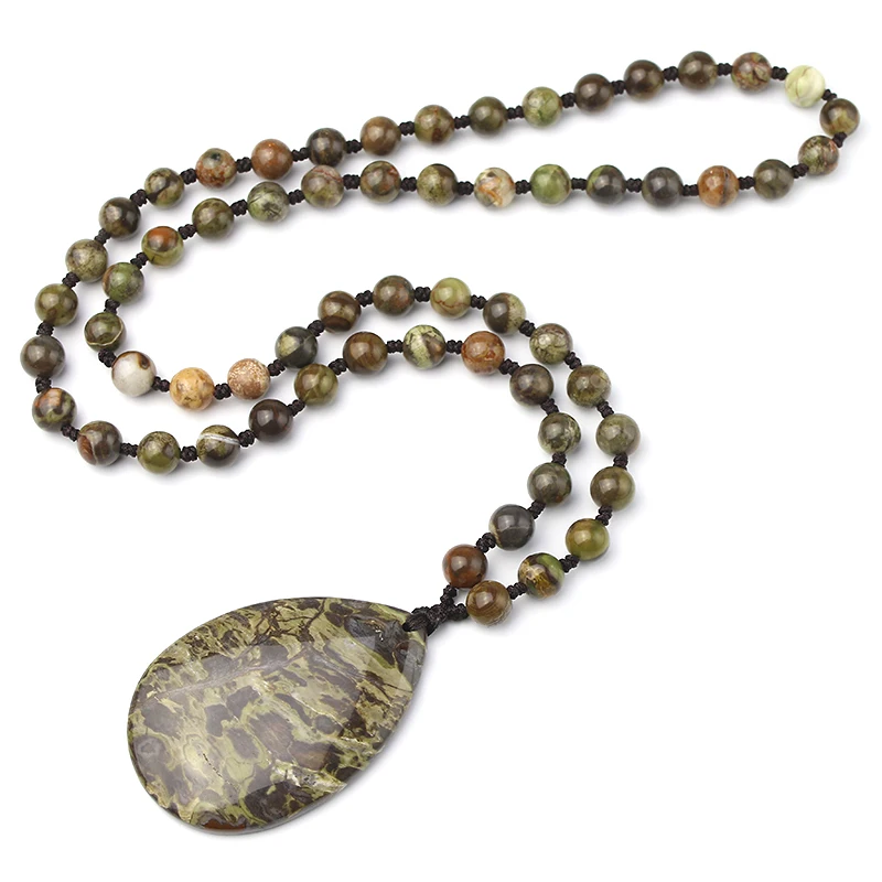 

Natural 8mm Kambaba Stone Beads Necklace Women, Pendent Necklaces Jewelry Handmade Knotted Accessories Gift