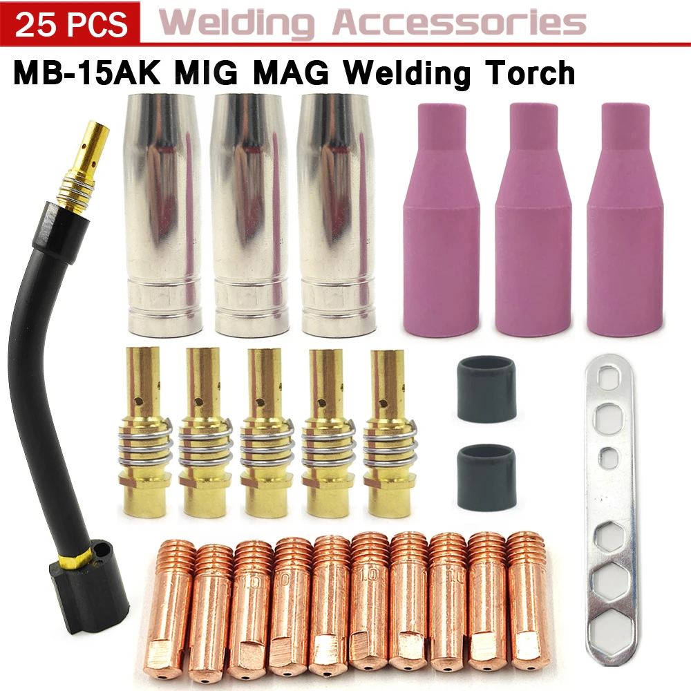 25pcs Welding Torch Nozzle Part Kit Ceramic Nozzle Goose Neck Bend