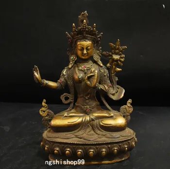 

wedding decoration 8" Old Tibet Buddhism fane Bronze Gilt Inlay Gem WenShu Manjushri Buddha Statue Christmas