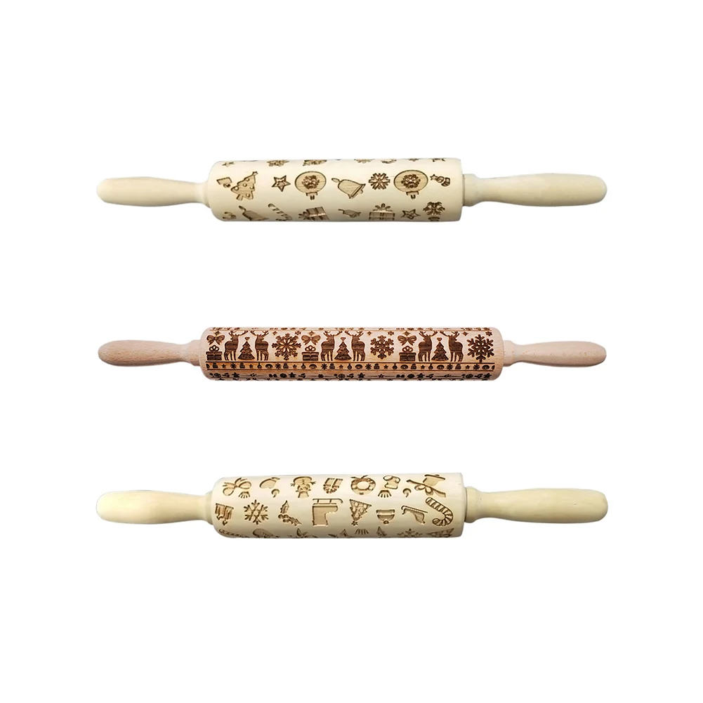 

Non-stick Christmas Rolling Pin Wood Biscuit Pastry Dough Flour Engraved Roller Stick Cooking Tool for Xmas New Year Festival